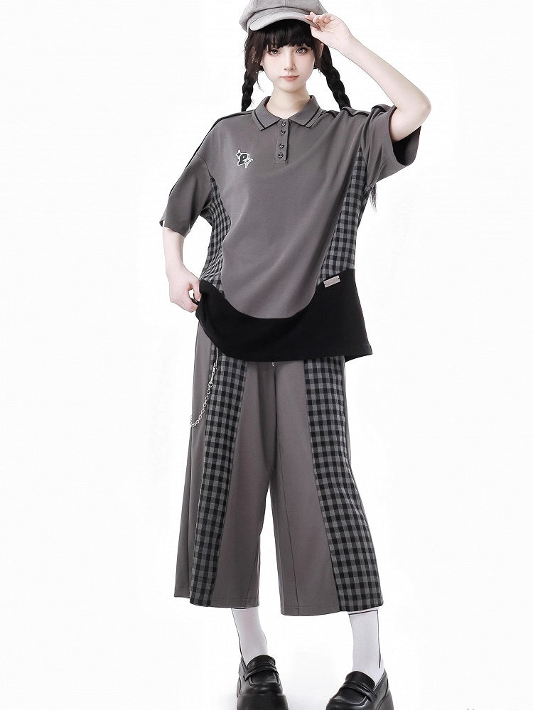 Reißverschluss Grau Plaid Patchwork Kordelzug Taille Hose Detail
