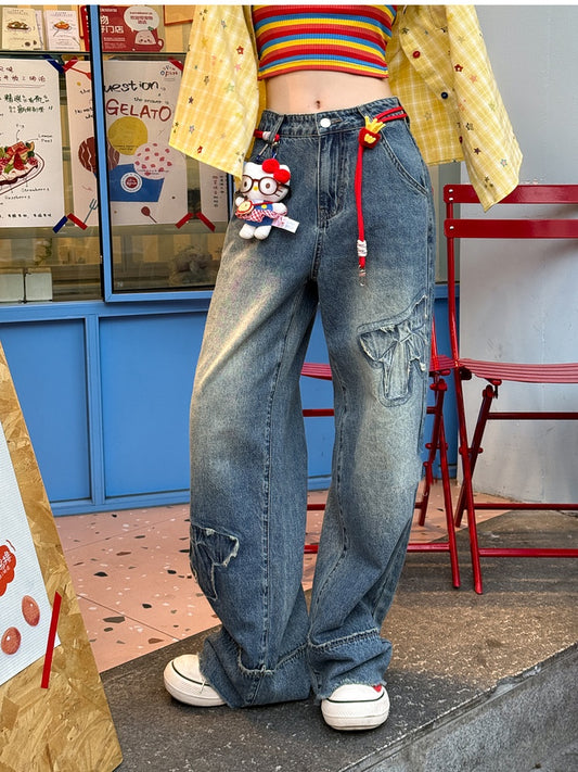 Raw Wide-Leg Jeans Waist Bowknot Appliques Blue Low Hem Vintage