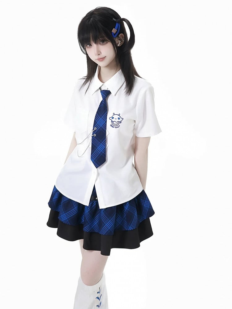 Tiered Skirt Stud Details Black and Blue Plaid Star