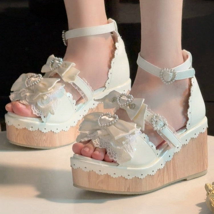 Sandals - Lolita White Heart Platform Beaded Buckles Old School