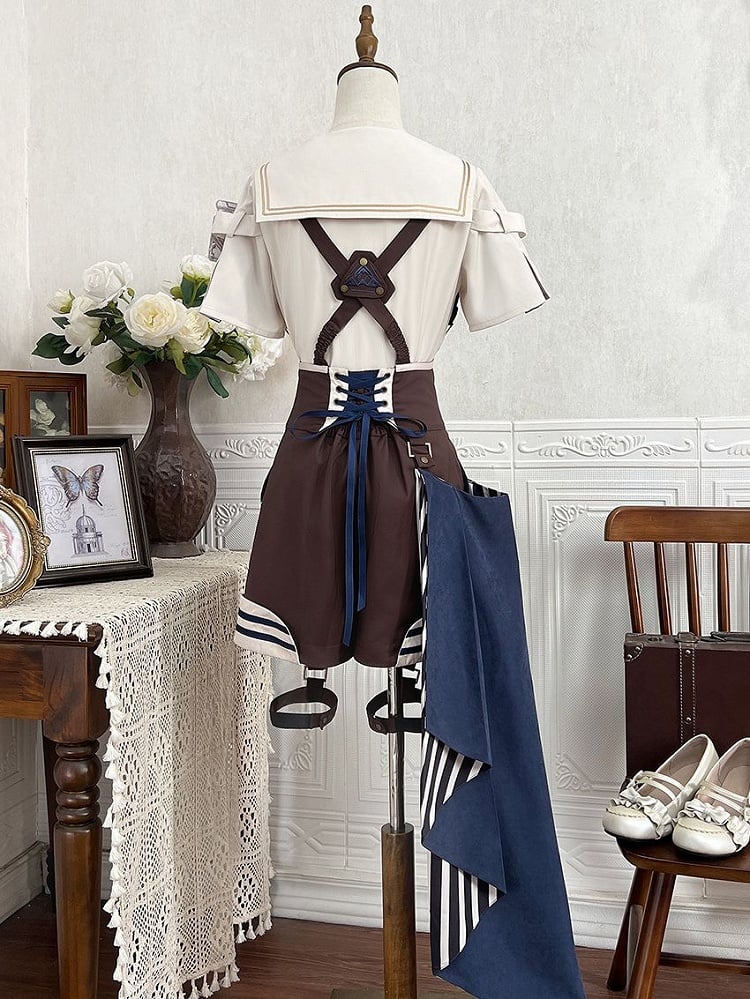 Train Shirt Blue Sailor Overall + Collar Shorts Ouji Steampunk Striped Brown Outfit Lolita -