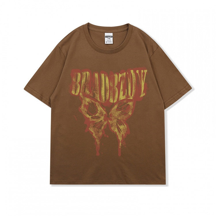 Dunkelgrau/Braun/Schwarz/Weiß Vintage Loose T-Shirt mit Schmetterlingsdruck