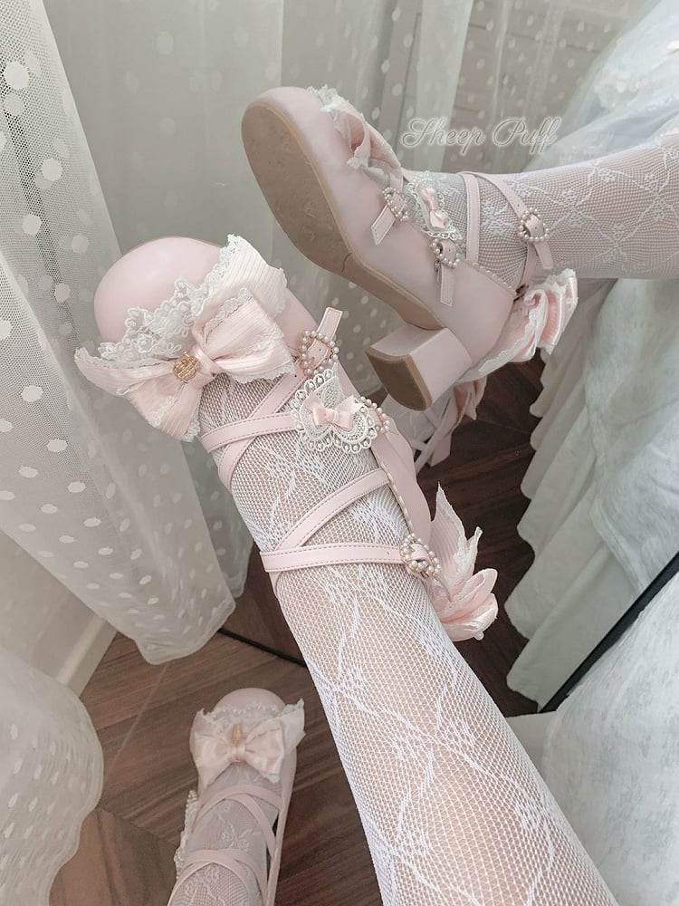 Schuhe Details Heels Bowknot Riemen Süßes Design Rosa Schnalle 2CM/5CM Herz Lolita Crisscross Block