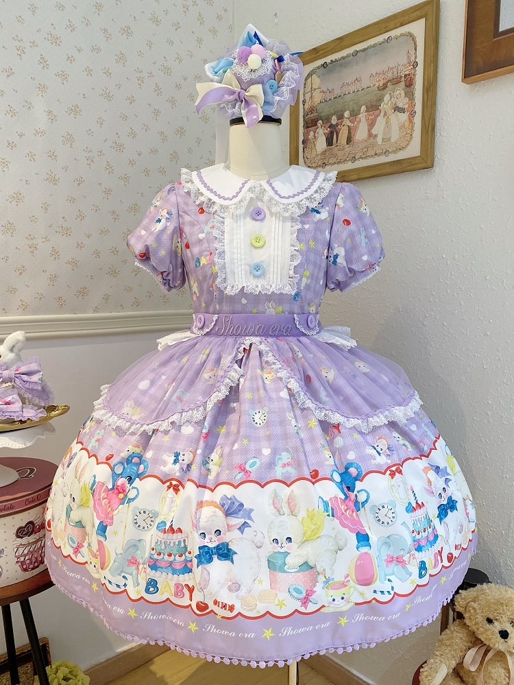 Lamb Clearance-Size L Dress Bear Print Sweet Collar 100CM Lolita and Purple Bust Pan for Peter Short Sleeves
