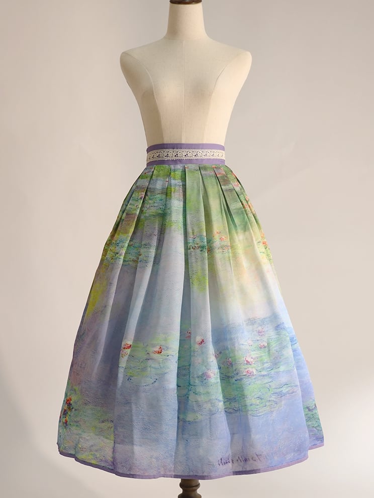 and Water Purple Lily Oil Painting Print Gray Waist Skirt Version Long/Short High