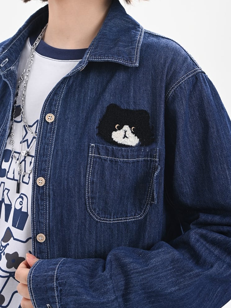Kitty Dark Blue Faded Wash Denim Shirt Cute Embroidery