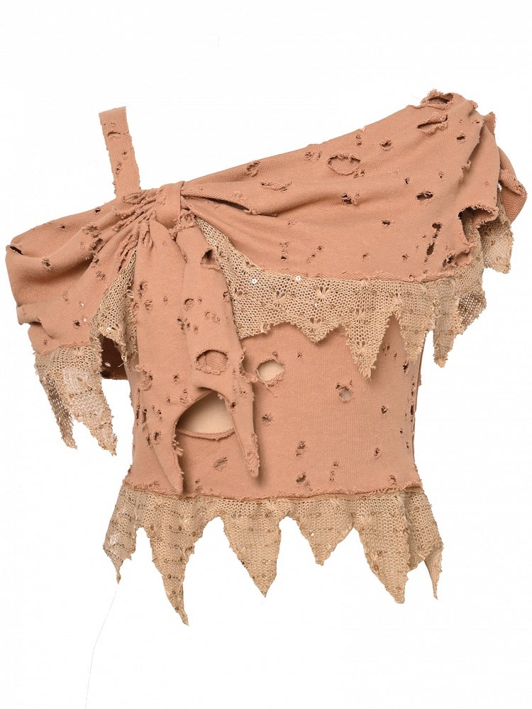 Punk Asymmetrical Brown Light Top Wasteland Holes Neckline Distressed