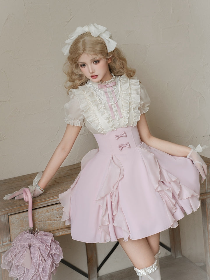 and Fake Blouse Boned Pieces Design Apricot Pink Skirt Lolita Waist Dress Two