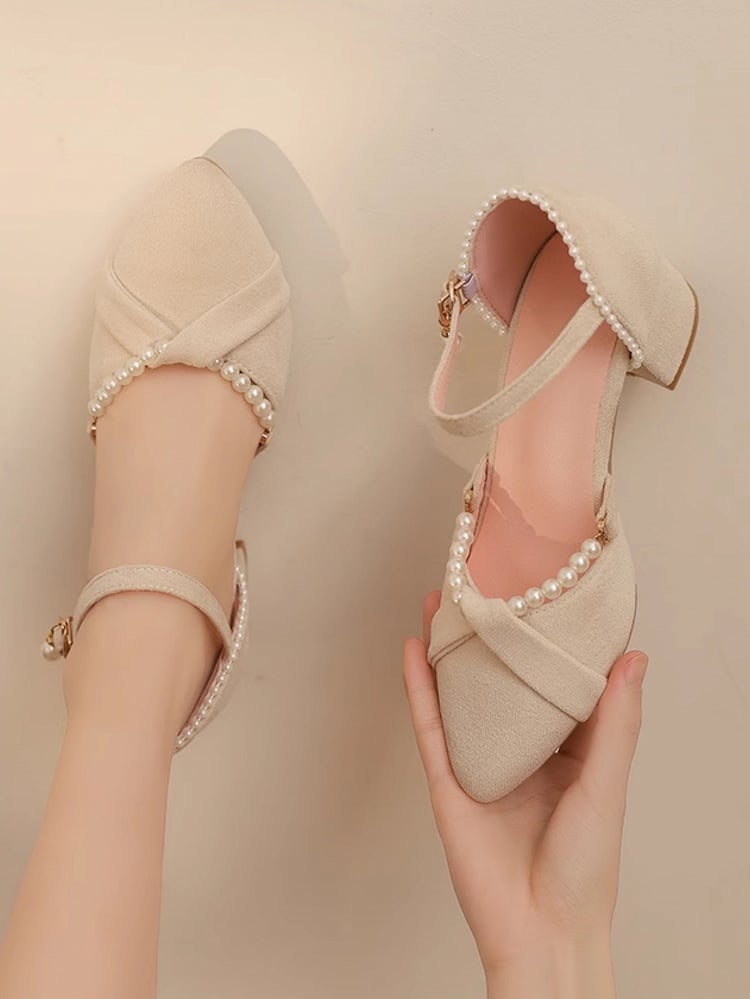Beige Beads and Back Heel Suede Details Chain Qi Sandals Toe Detachable Lolita with Pointed Mid