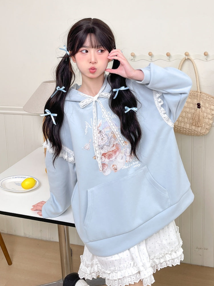 Yume Kawaii Blue Bunny Ear Hood Rabbit Print Hoodie