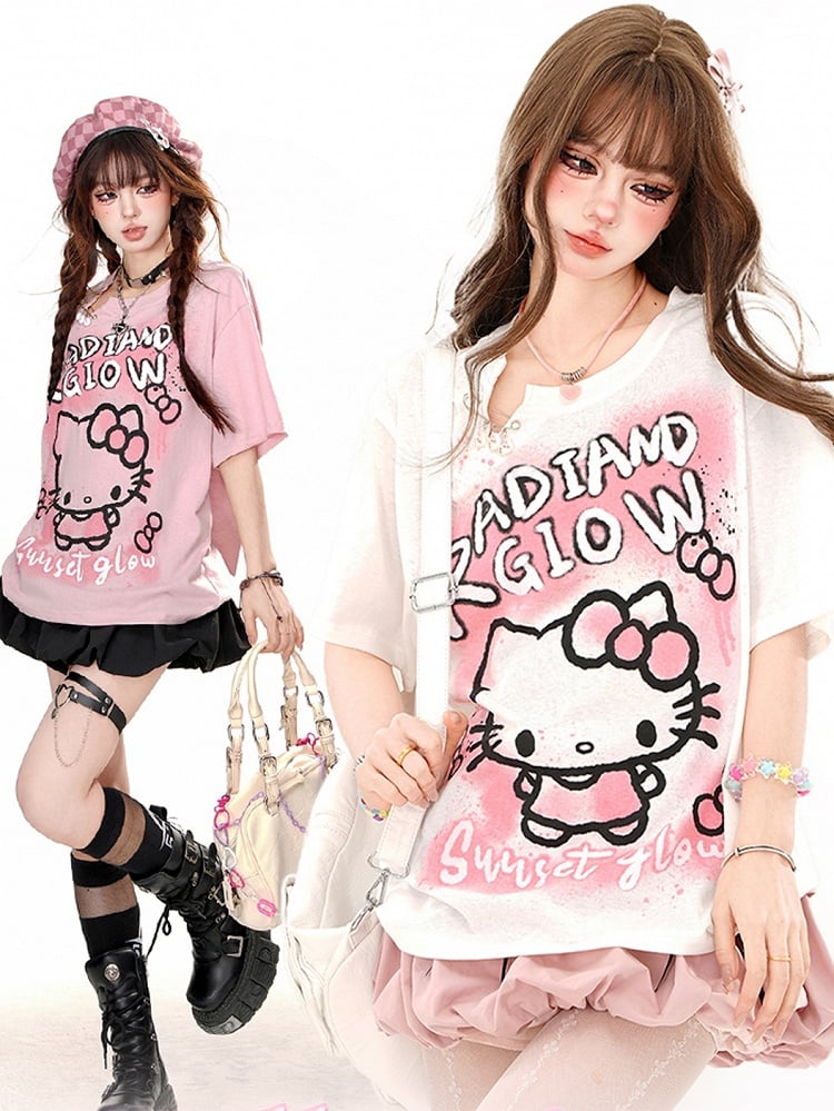 Lockeres T-Shirt mit Kätzchen-Print in Rosa/Weiß