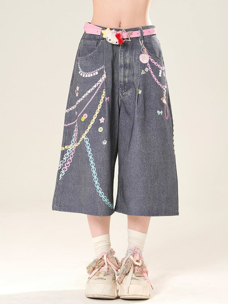 Print Cut Letter Weites Bein Y2K Knopfkette Jeans Blau Und
