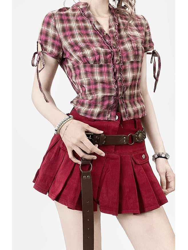 Plaid Sleeves Ruffles Trim Pattern Shirt V-neck Y2K Short RedBrown