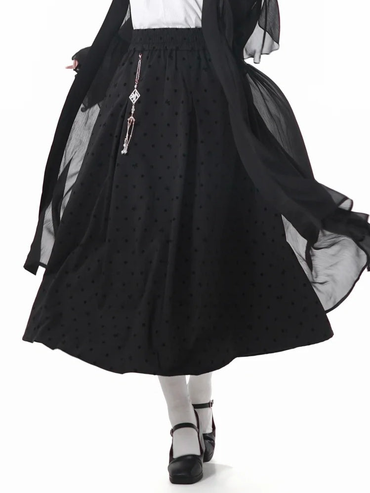 Polka-dot Skirt with Tassel Charm Black Elastic Waist Cheongsam Style