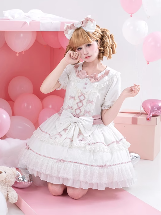 Hime Pink and Peter Pan Collar Tiered Skirt Balletcore Lolita Dress White OP