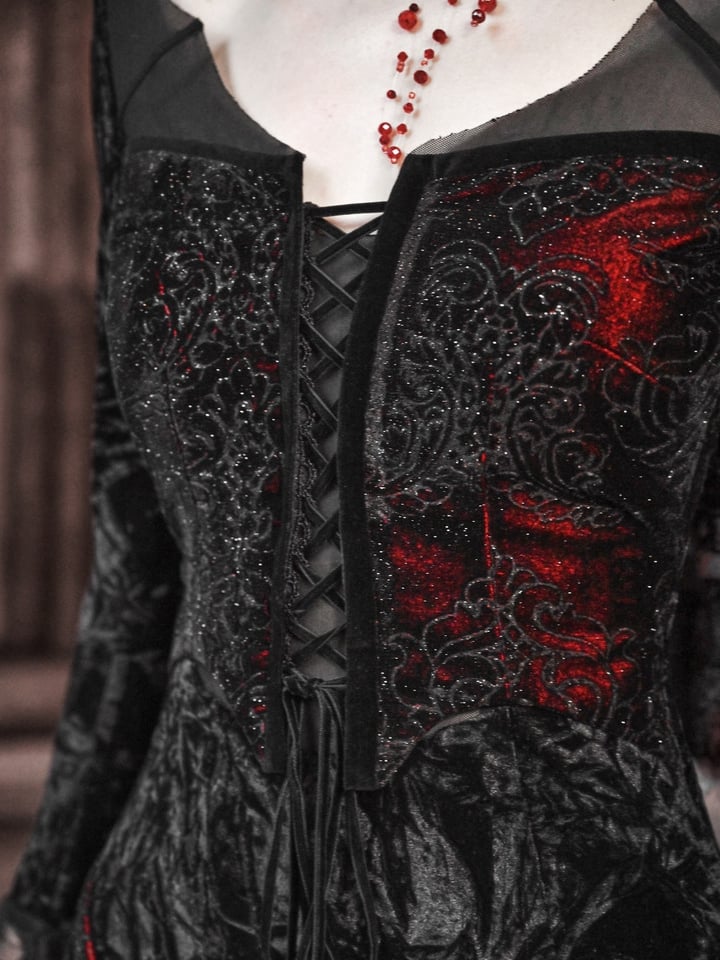Wings Romantic Velvet and Shaped Lace Neckline Bat Vampire Dress Goth Mermaid