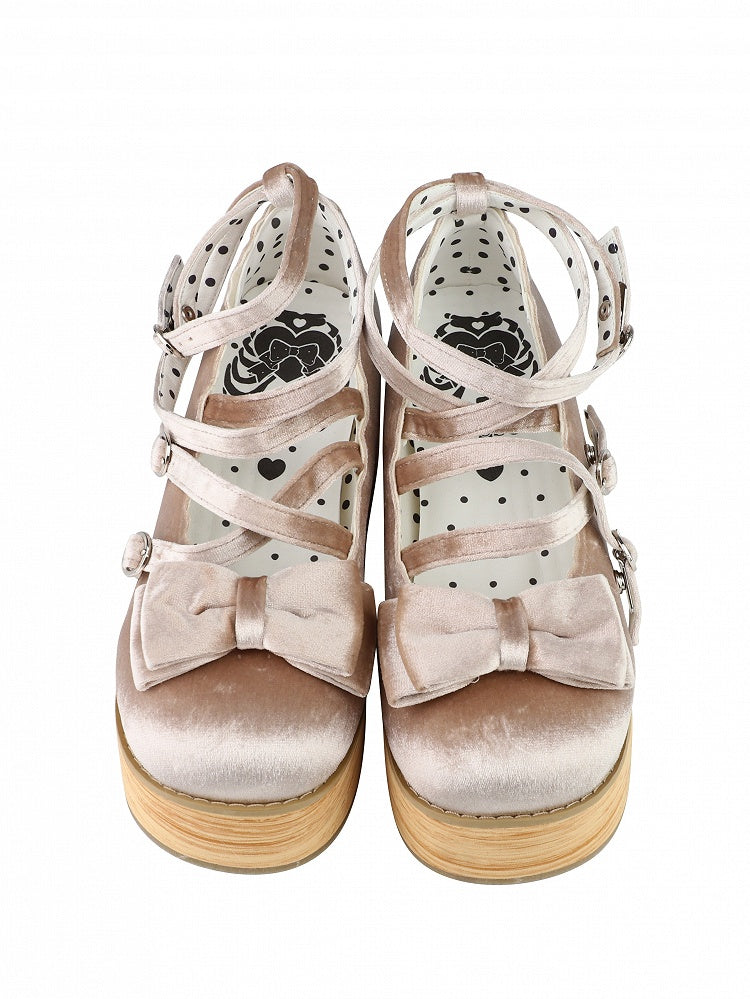 Heel with for Beige - Straps Janes Crossed Sweet Bow Platform Decor Lolita Mary