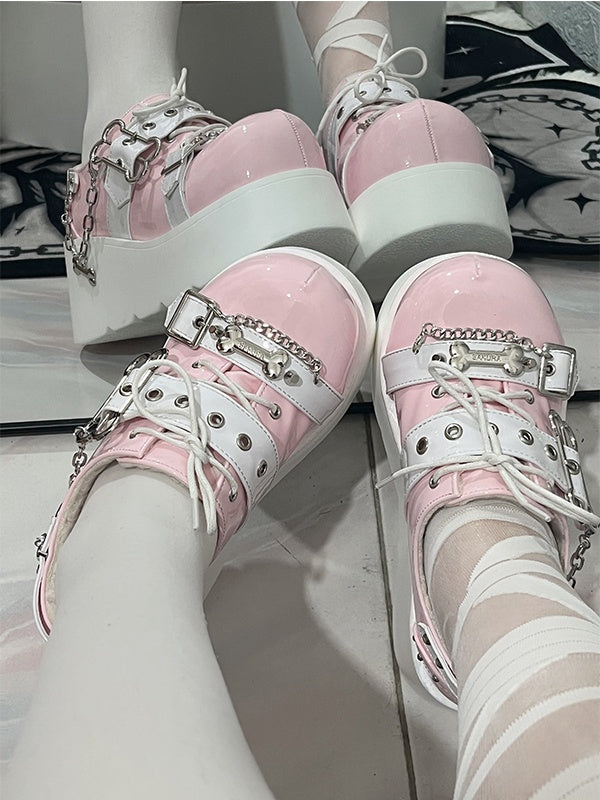 Jirai Kei Pink Y2K Bone Design Buckle Strap Platform Shoes