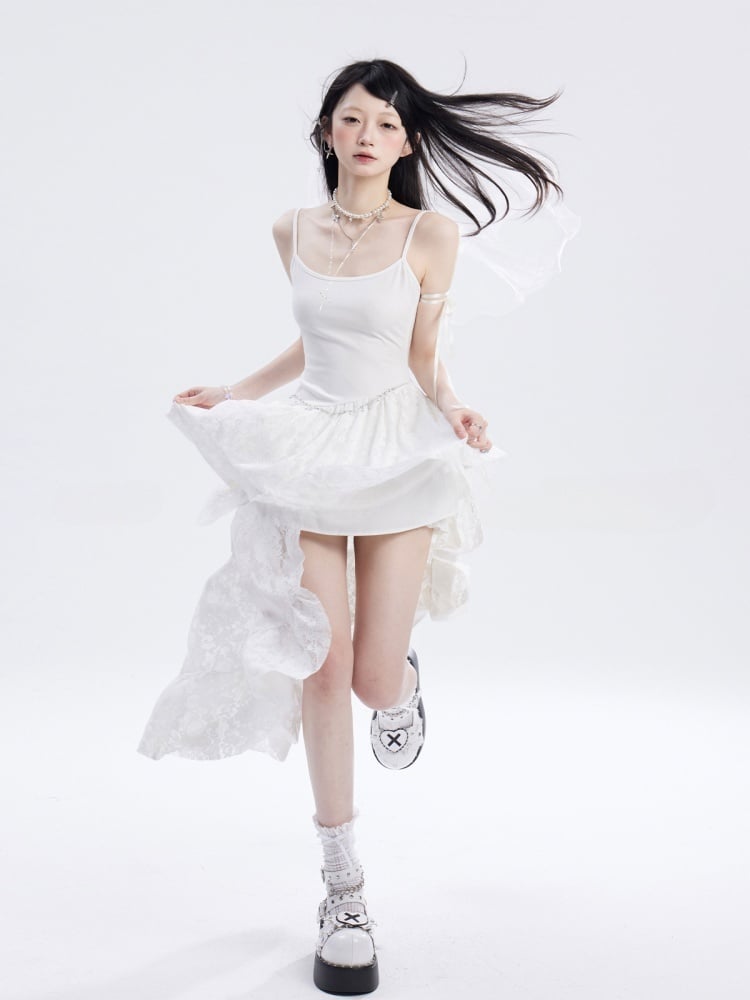Waist and White Asymmetrical Waistline Lace Hem Slip Dress with Chain Free