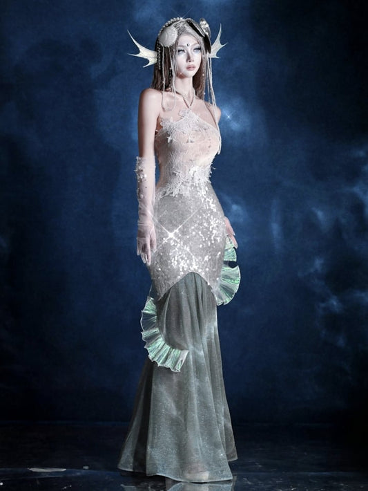 Pailletten Meerjungfrau Fee Bodycon Kleid Goth Glänzende Perlen Urlaub Neckholder