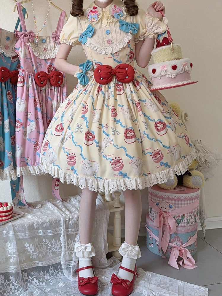 Lolita Print Dress Yellow Showa Cherry Fashion Cream Sweet Cake Kitty and