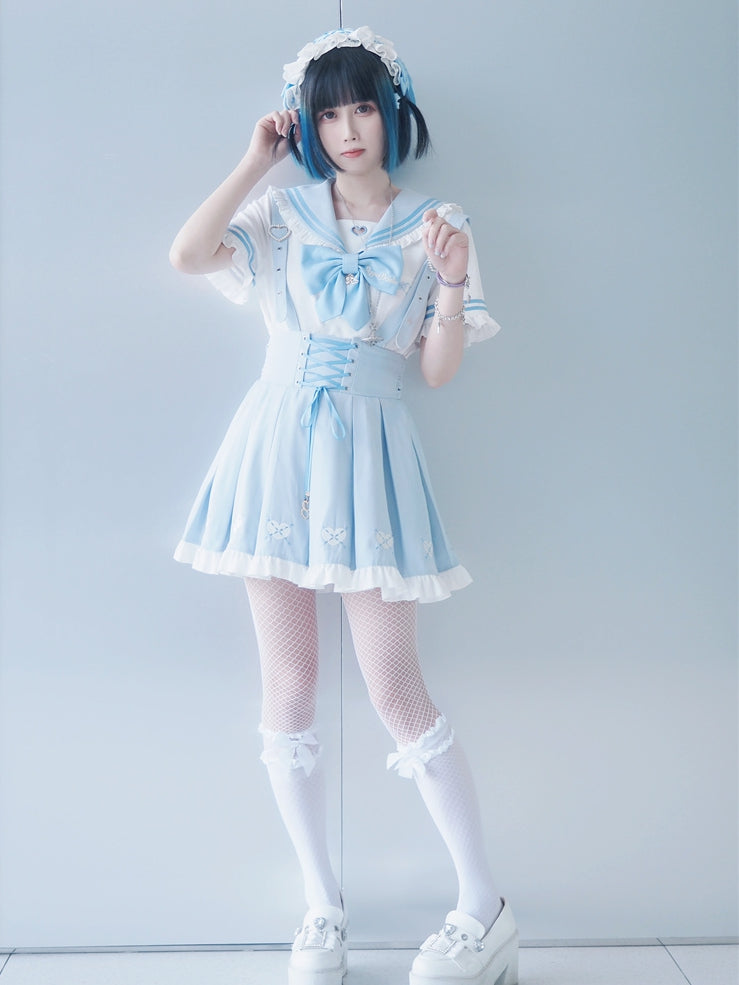 Jirai Kei Overalls Light Blue Heart Front Embroidery Lace-up