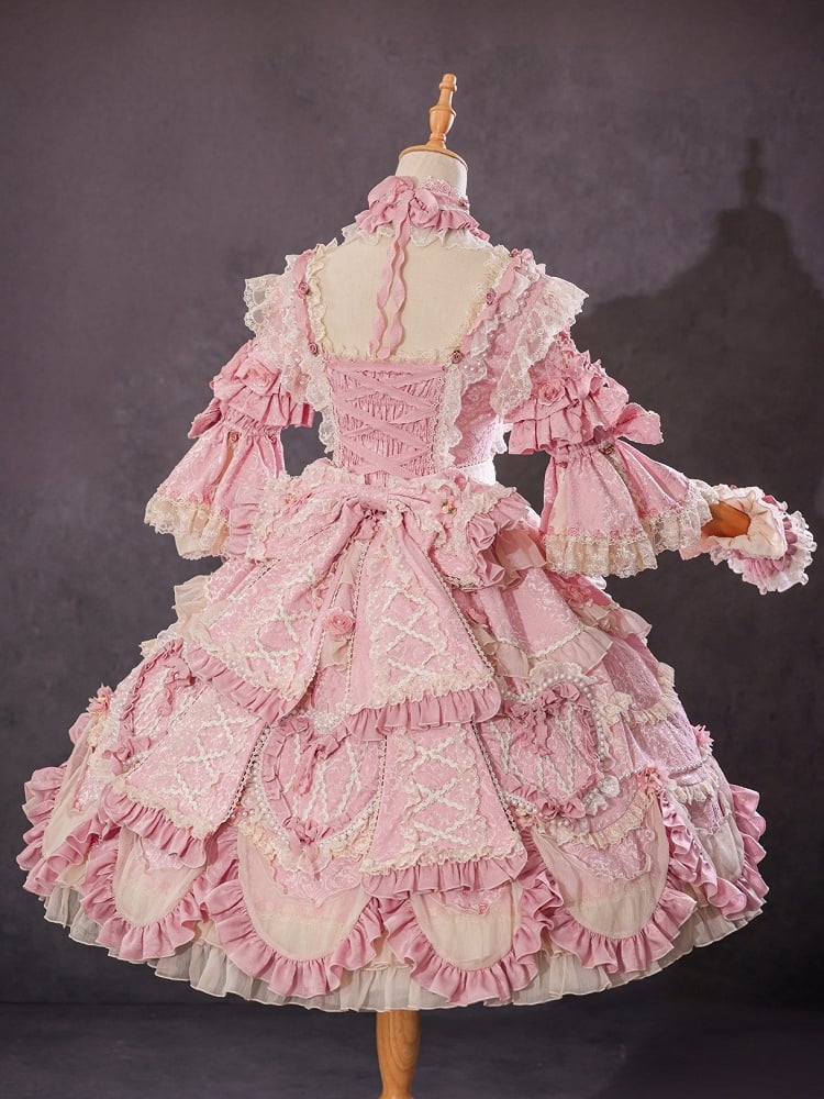 Wunderschönes Hanayome Lolita-Kleid mit Blumenstickerei und Perlenkettendetails in Rosa