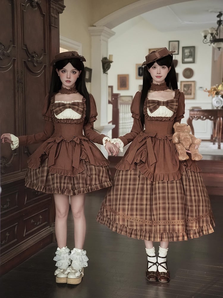 + Set Long - Autumn Lollita Detachable Choker Elegant OP Hat Bows Coffee Version