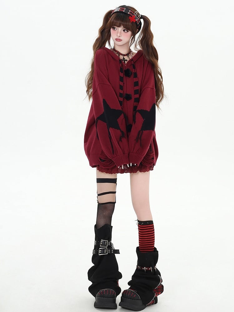 Y2K Schwarz gestreifte Strickjacke mit Hasenohren und Kapuze und V-Ausschnitt