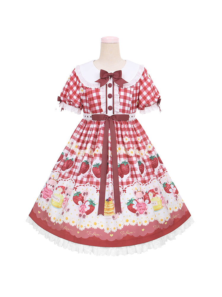 Light Blue/Wine Red Plaid Strawberry and Bear Print Cottagecore Country Dress Sweet Lolita OP