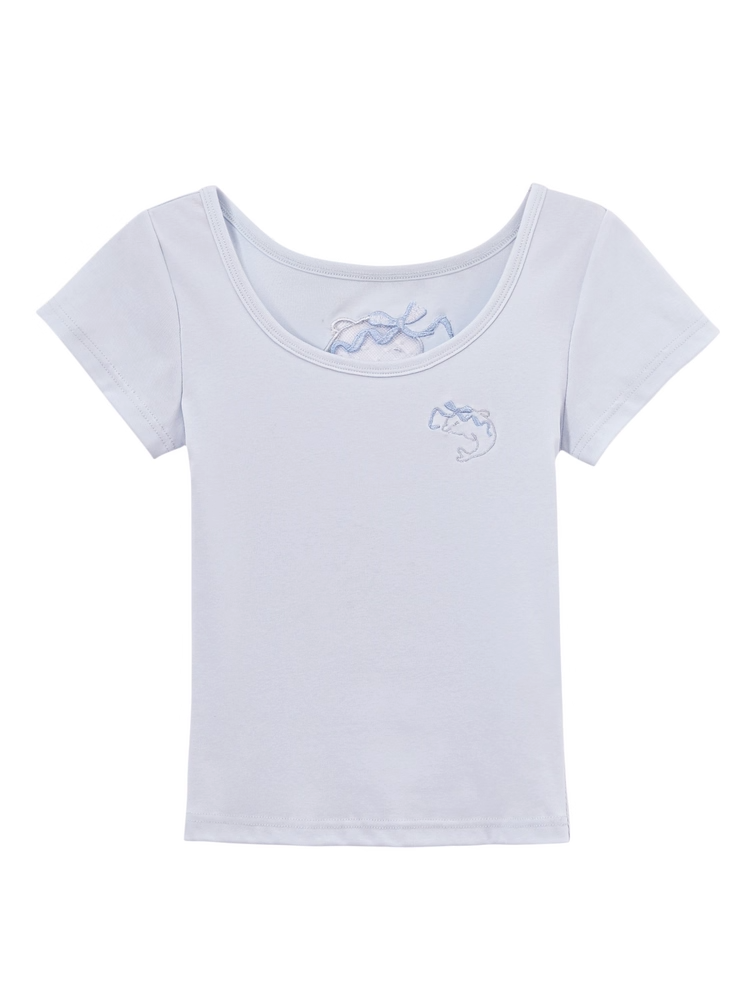 Blue Scoop Neckline T-shirt Dolphin-shaped Cutout Back