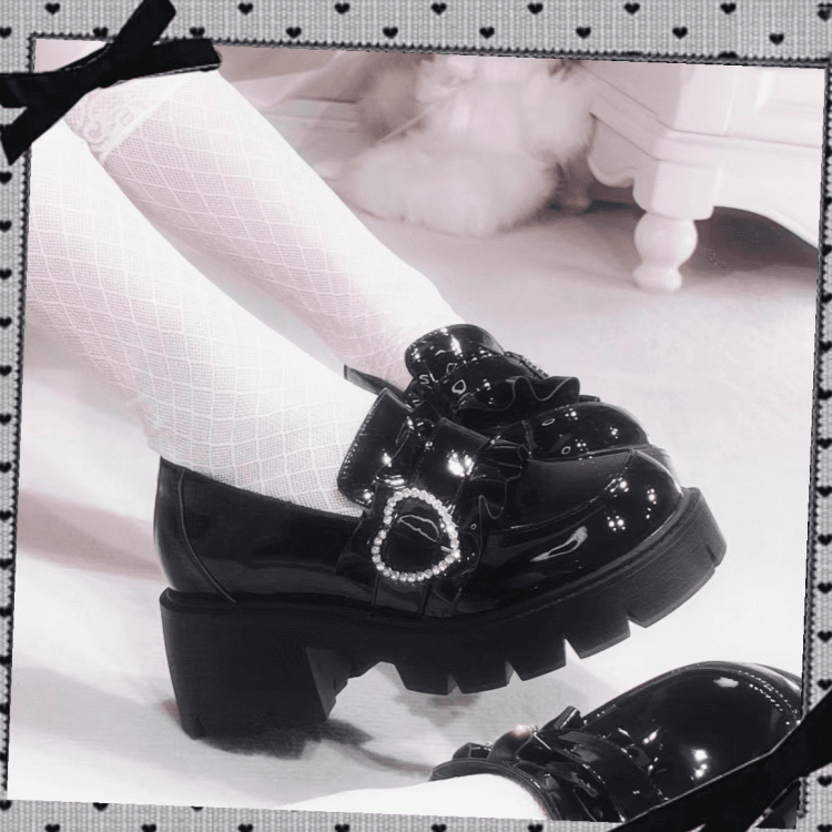 Kei Schwarze Schuhe Loafer Sweetheart Plateau 6,5 cm mit Absatz Poliert Jirai Chunky Perlen