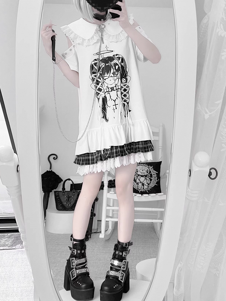 Anime Girl Print Peter Pan Collar Lace-up Details Dress Bittersweet White