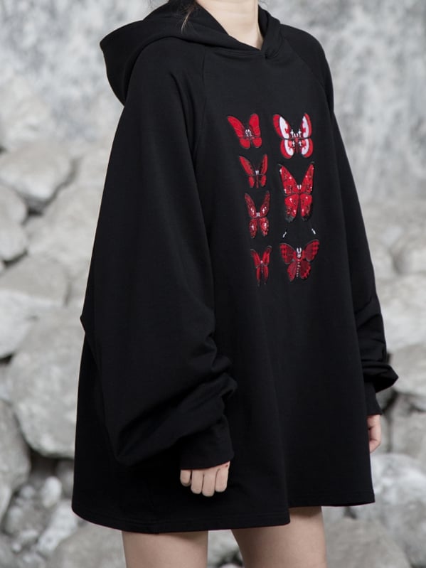 Flock Butterfly Dark Stickerei mit Loose Delicate Romance Gothic Red Hoodie Schwarz