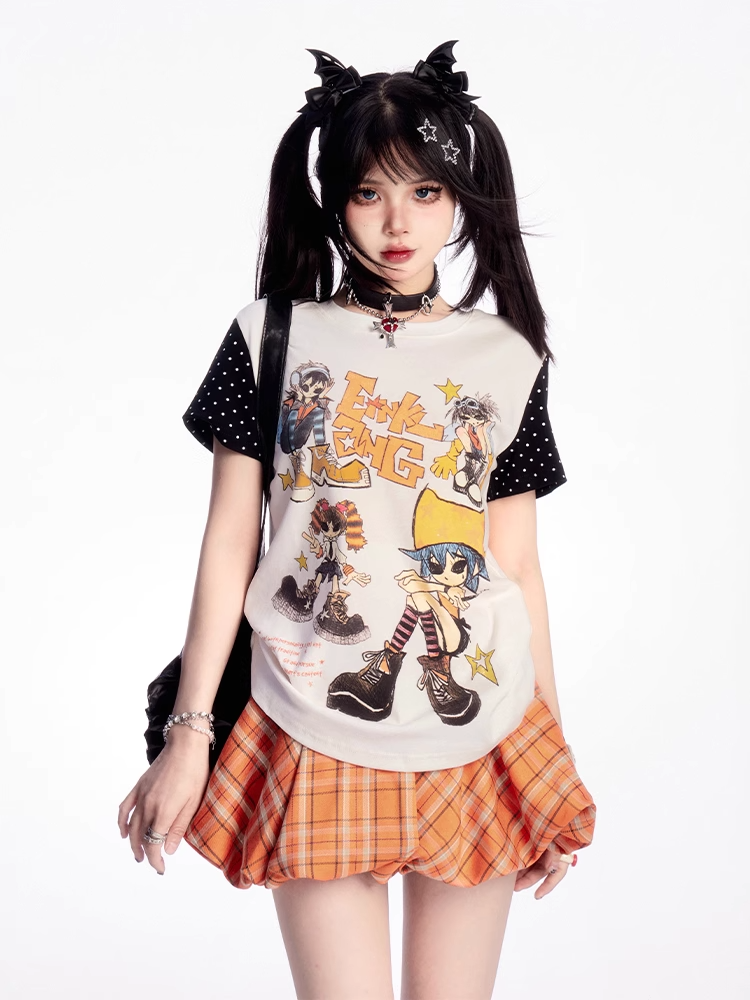 Puppy Orange Plaid Drawstring Waist Print Mini Bubble Skirt