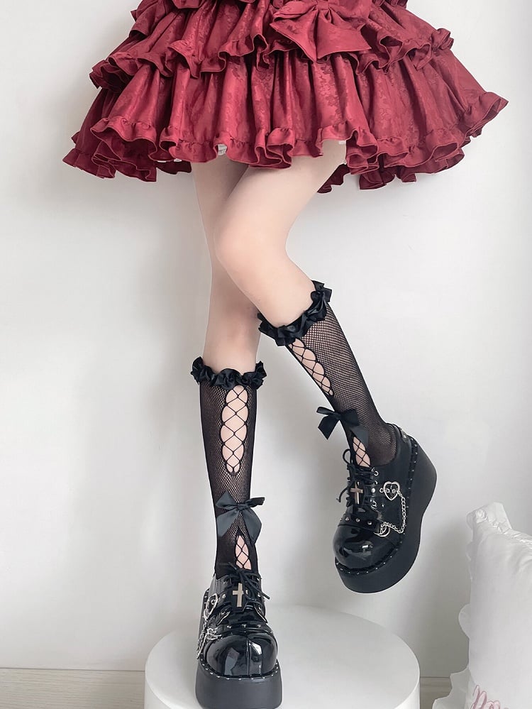 Süße schwarze Lolita-Kniestrümpfe mit halbtransparenter Schleife und Rüschenbesatz