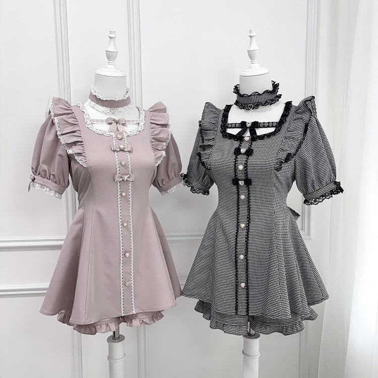 Set - Flutter Sleeves Self-tie Bow Back Mini Dress + Shorts Houndstooth Jirai Kei + Choker