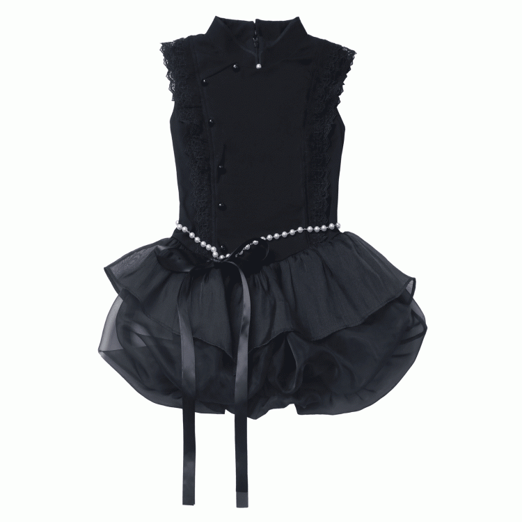 Skirt with Black Cheongsam Style Banded Collar Mini Dress Chain Waist Beaded Bubble