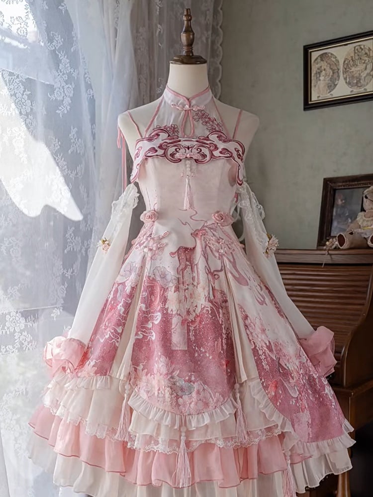 Dress Qi Cheongsam Sakura Skirt Lolita Print Jumper Pink Style