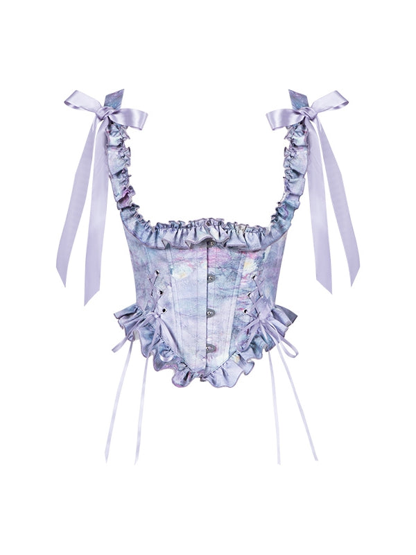 Bust Under Print Purple Corset Boned Oil Water Painting Lily