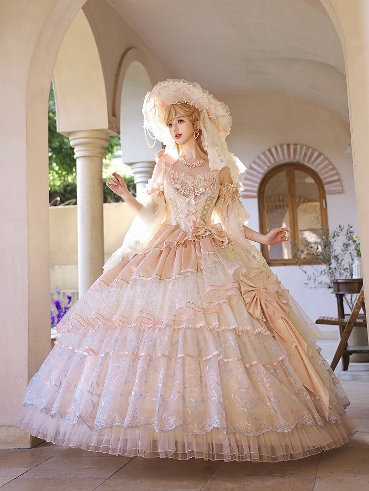 Hem Floor Pink Layered Waist Hanayome Dress Length Corset Floral with Embroidery Hime Lolita Version Long