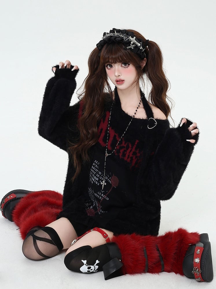 Schwarz/Weinrot/Lila Neckholder-Pullover mit Buchstabengrafik