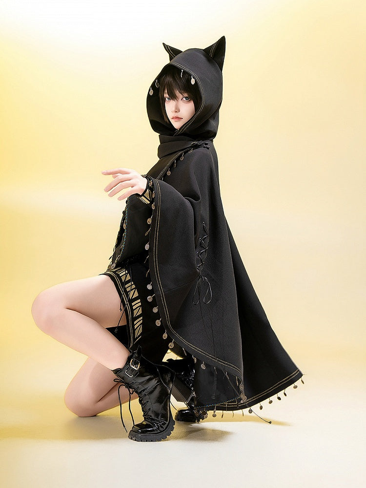 Fashion Cat High-low Ears Hem (Do Machine Black Ouji Not Wash) Cape Hooded
