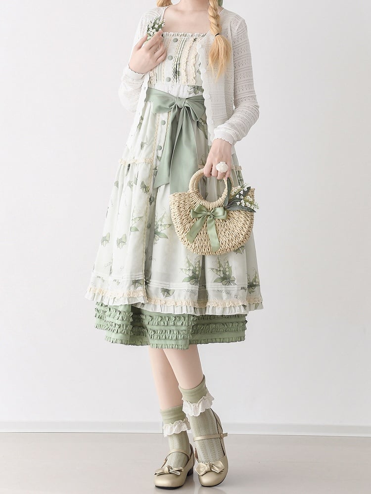 Robe d'été fleurie vert clair à imprimé muguet, jupe pull Kei Lolita naturelle