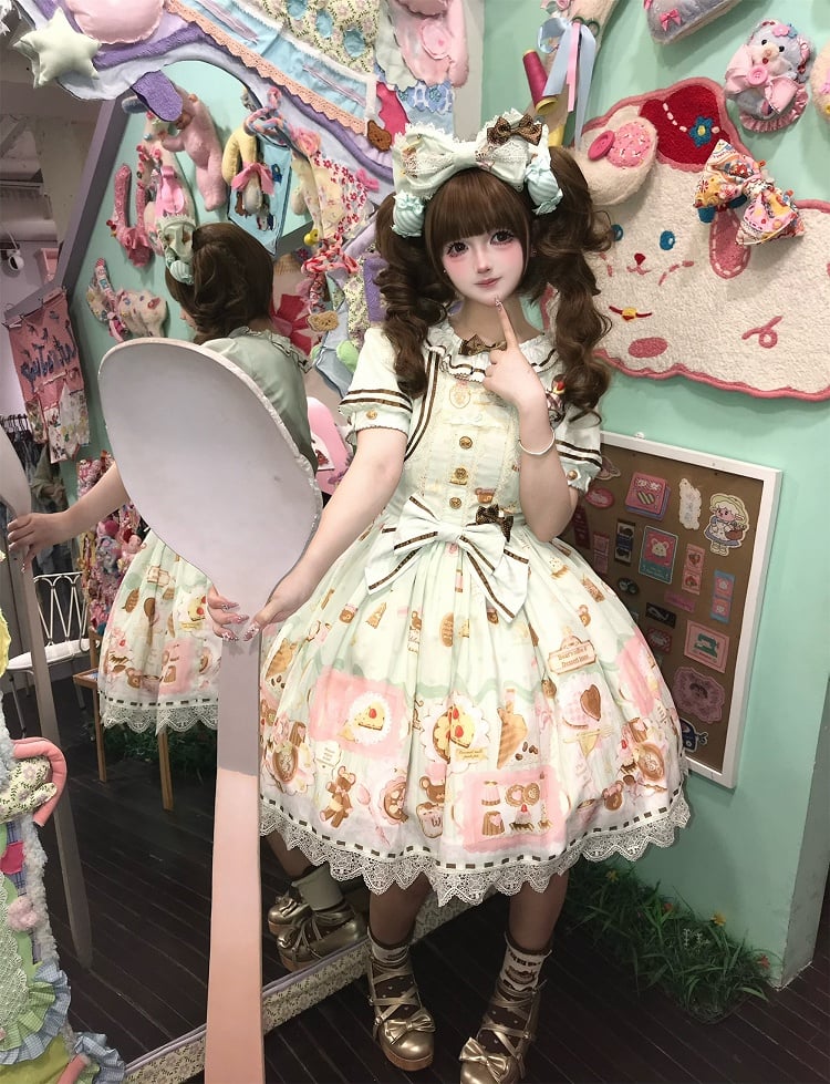 Green Sweet Mint Lolita Theme Desserts Two-pieces Print Dress Fake Design Bear