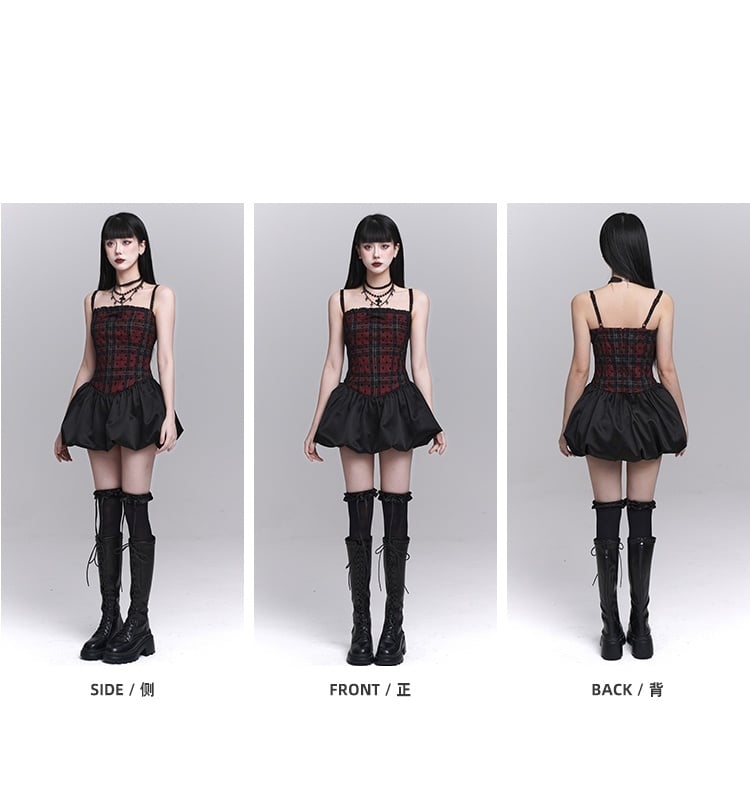 Red Plaid Basque Waist Mini Cami Dress Bubble Skirt