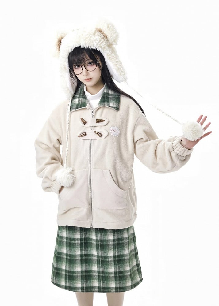 Apricot Horn Button Design Fleece Coat+Pompons Scarf+ Vest