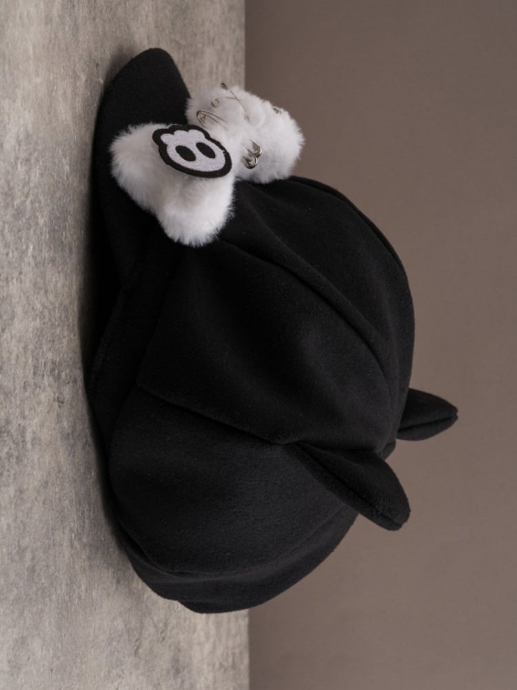 Applikation Baskenmütze Knochen Pin Katze Hut Plüsch Skelett Design verziert Ohr Gothic schwarz