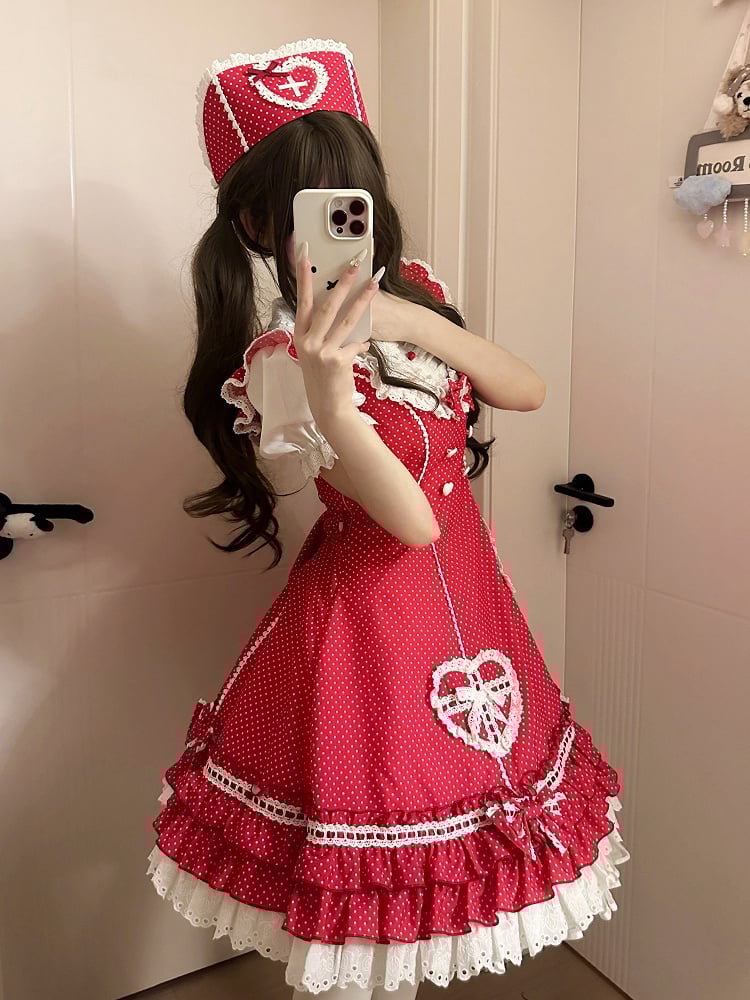 Ruffle Pattern Hemline Layered Dress Polka-dot Lolita Red Nurse