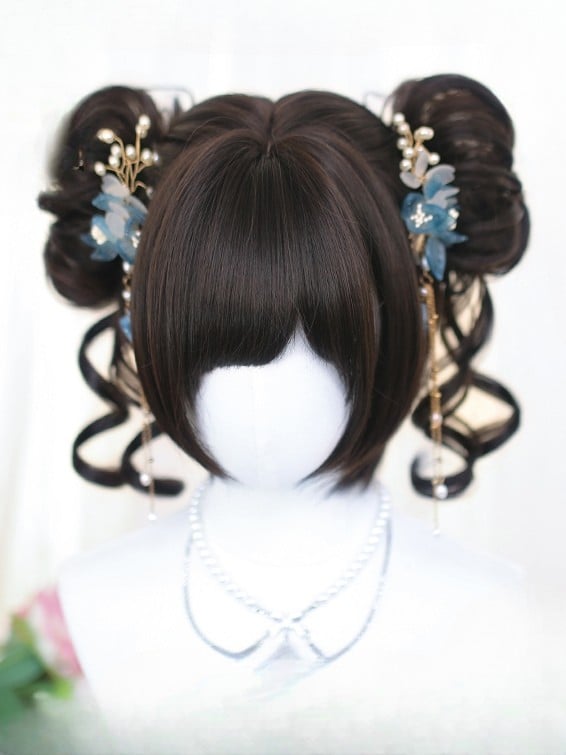 With Double Wig Short Tea 20-25CM Black + Length Clips Claw Straight Bangs Wavy